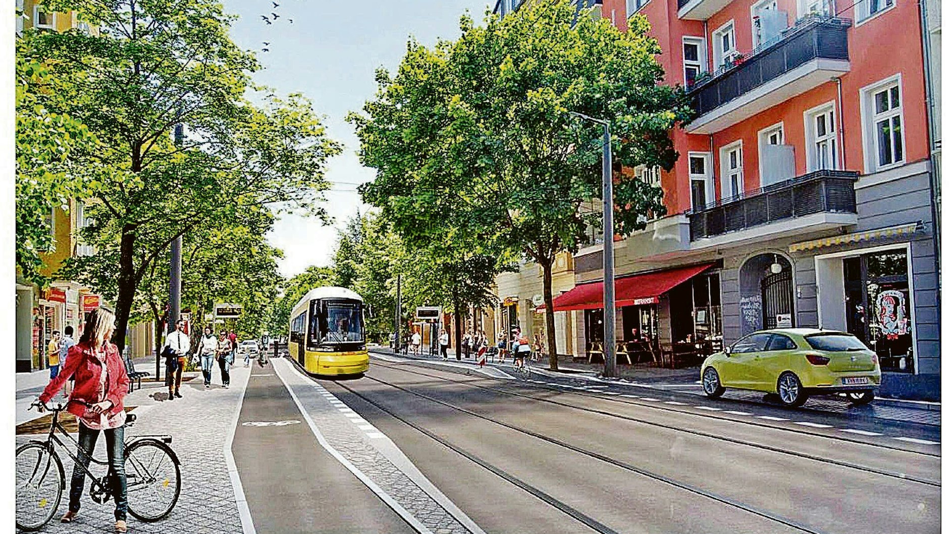 So soll die geplante Straßenbahnstrecke zum Ostkreuz in der Sonntagstraße aussehen.