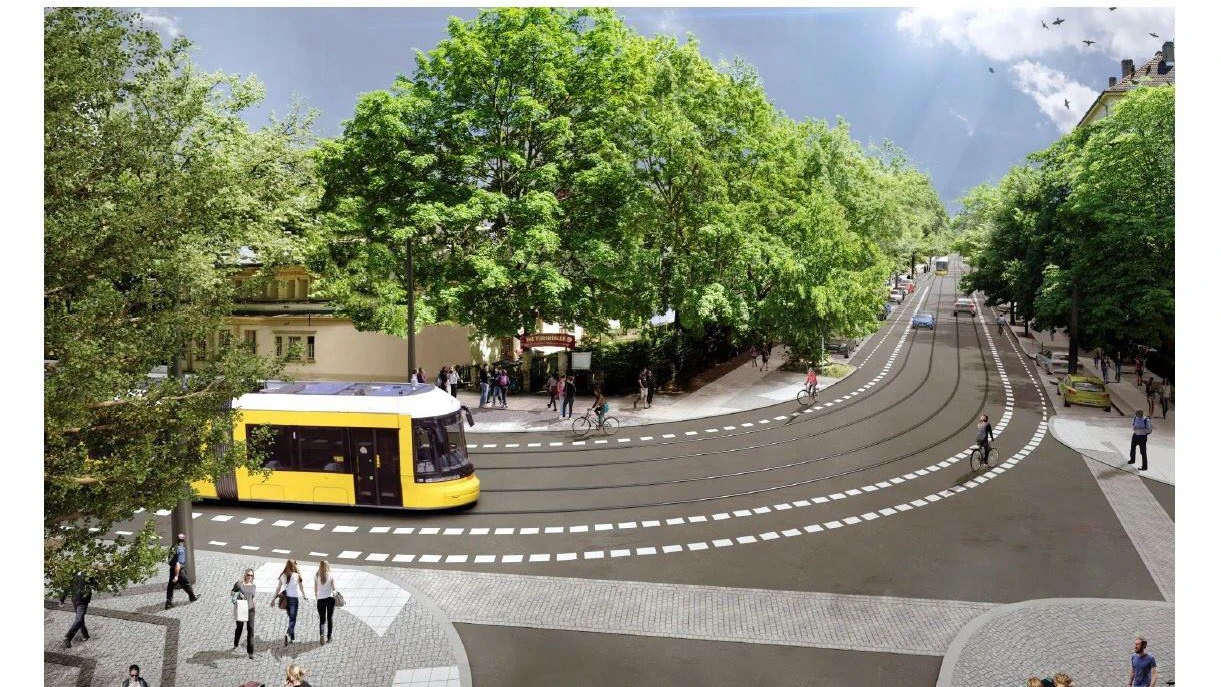 Die Visualisierung zeigt, wie eine Straßenbahn aus der Holtei- in die Sonntagstraße einbiegt.