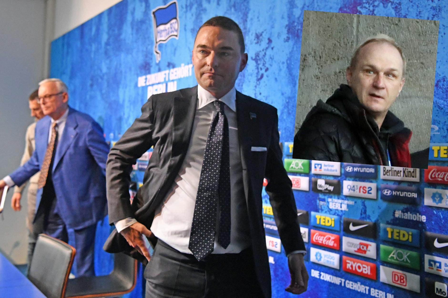 Hertha-Investor Lars Windhorst wird nach seiner Kritik an Präsident Werner Gegenbauer (l.) von Ex-Hertha-Spieler Axel Kruse (r.) attackiert.