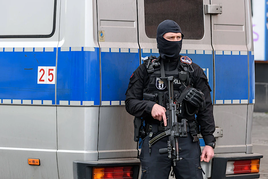 Ein Berliner Polizist sichert eine Razzia ab (Archivbild).&nbsp;