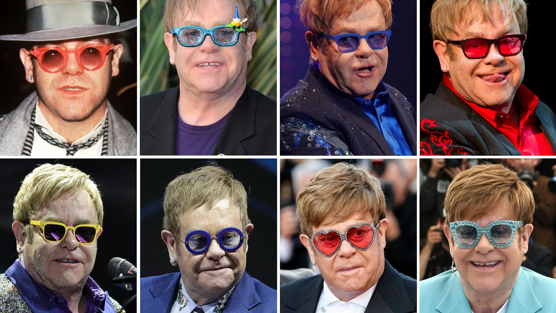 Ausgefallene Brillen – das Markenzeichen des britischen Sängers Elton John – Aufnahmen (von oben, l. n. r.) 1974, 2011, 2012, 2012 und (unten, l. n. r.) 2014, 2019 und 2019