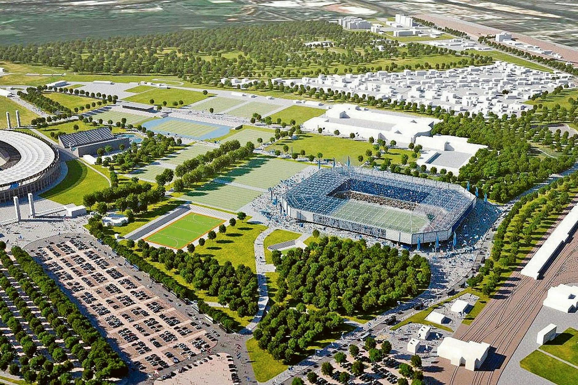 Die Visualisierung zeigt den möglichen Standort eines reinen Fußballstadions von Hertha BSC in der Nähe des Olympiastadions.