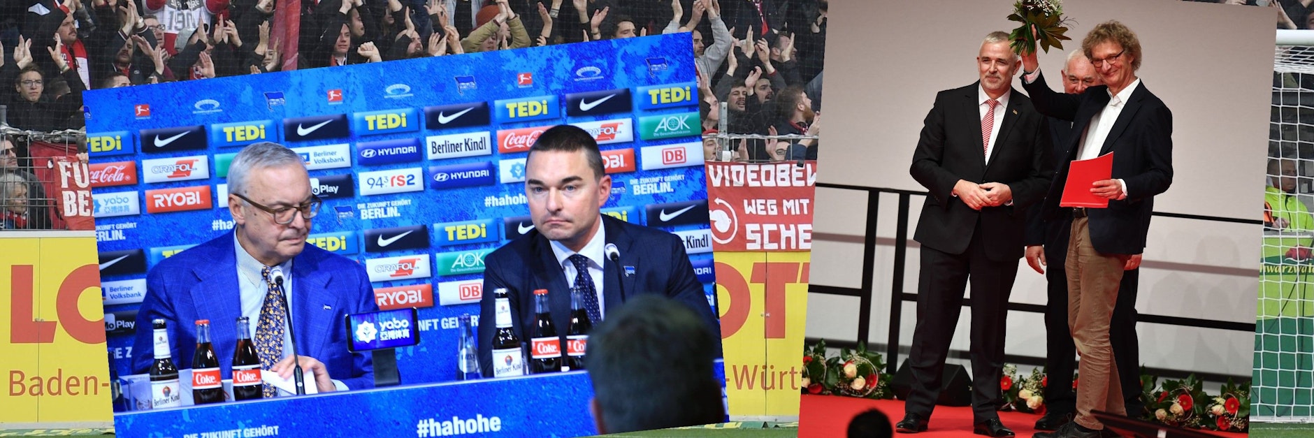 Während bei Hertha BSC und Investor Lars Windhorst die Fetzen fliegen, freut sich Unions-Präsident Dirk Zingler Michael Kölmel (r.) an seiner Seite zu haben.