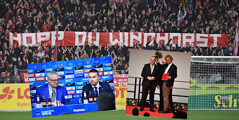 Während bei Hertha BSC und Investor Lars Windhorst die Fetzen fliegen, freut sich Unions-Präsident Dirk Zingler Michael Kölmel (r.) an seiner Seite zu haben.