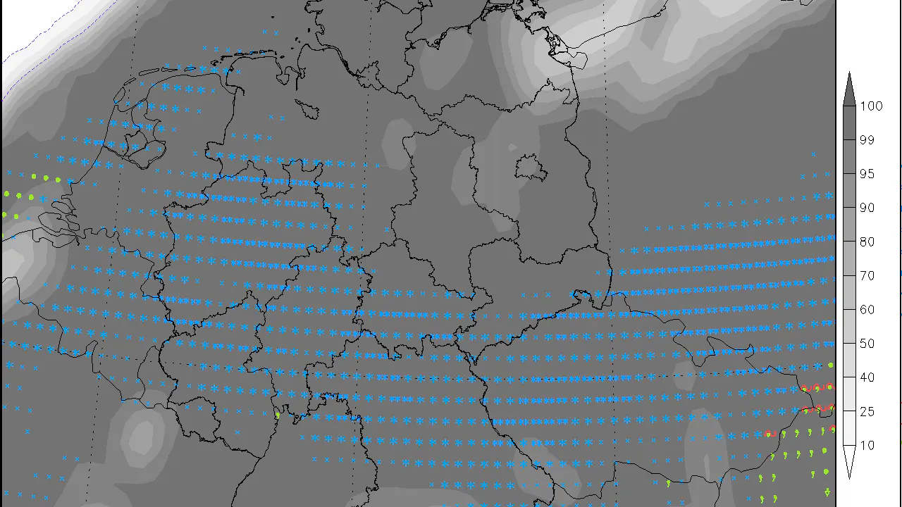 Die Wetterlage am Freitagabend: Schneefall in weiten Teilen Deutschlands. Unten meist nur nasser Schnee, in mittleren und höheren Lagen kann der Schnee auch liegen bleiben und für Behinderungen sorgen!