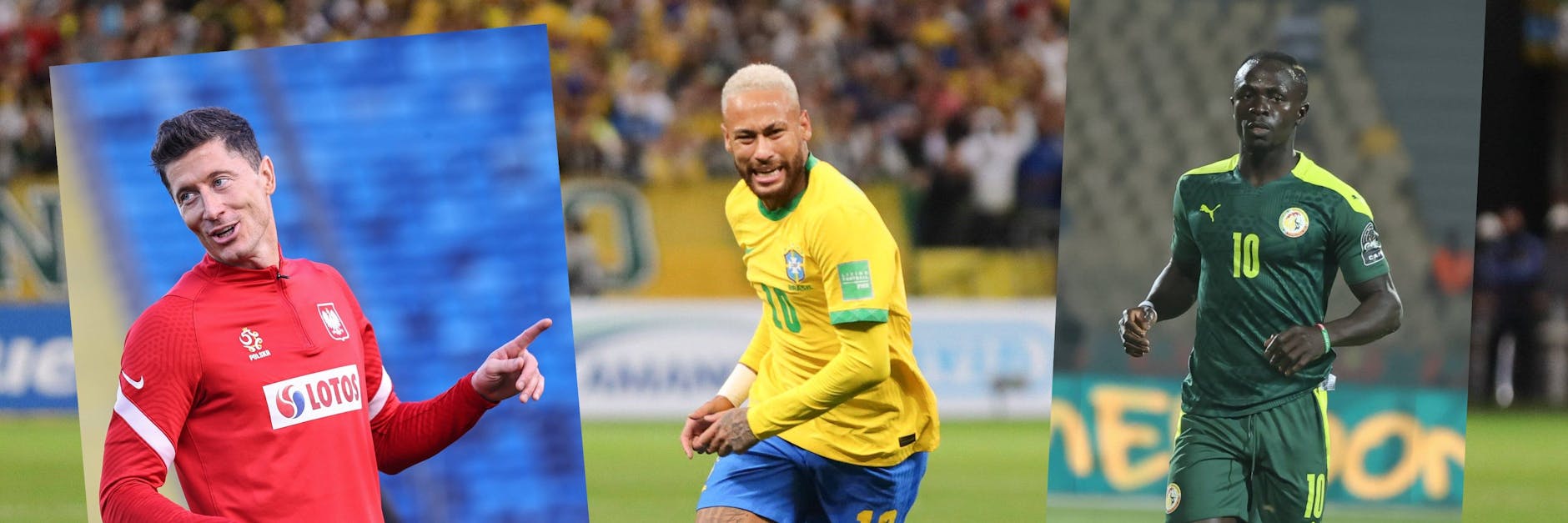 Auf Deutschland warten bei der WM in Katar bereits in der Gruppenphase Top-Stars wie Polens Lewandowski, Brasiliens Neymar oder Senegals Mané (v. l.).