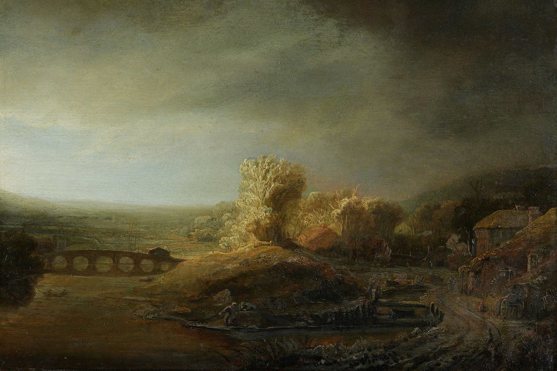 Rembrandt Harmensz. van Rijn, „Landschaft mit Bogenbrücke“, um 1638, Holz