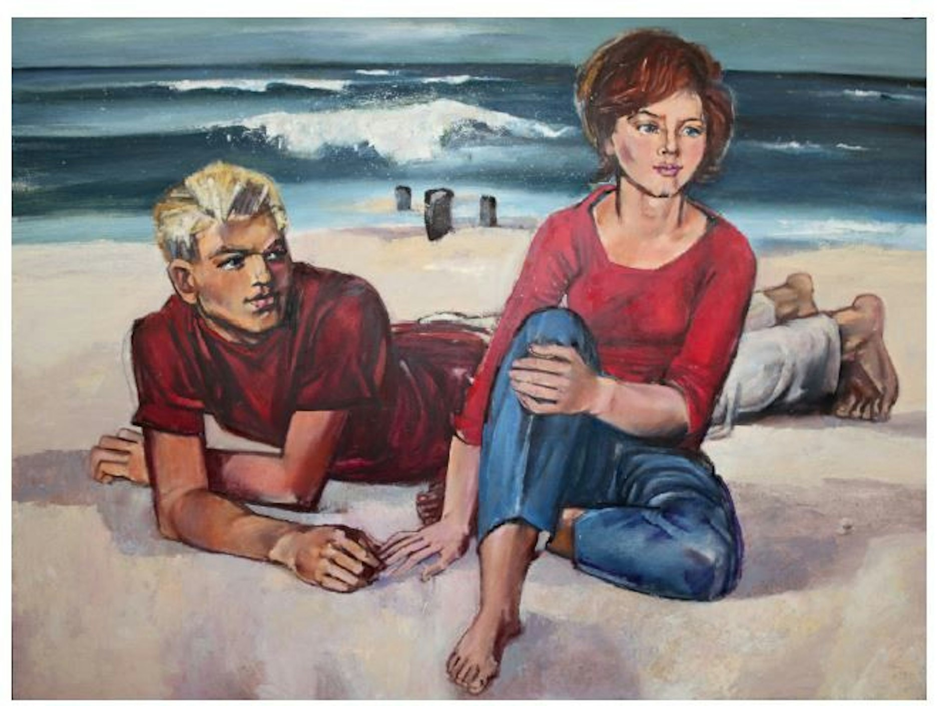„Am Strand II“ von Walter Womacka, unsigniert und ohne Jahresangabe, im Besitz von Womackas Tochter, die Modell gesessen hatte. Die drei Bilder unterscheiden sich leicht in Format und Farbtönung.