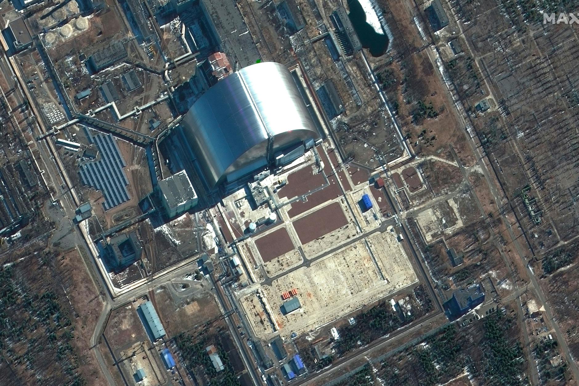 Dieses von Maxar Technologies zur Verfügung gestellte Satellitenbild zeigt eine Nahaufnahme der Nuklearanlagen von Tschernobyl in der Ukraine während der russischen Invasion am Donnerstag, den 10. März 2022.