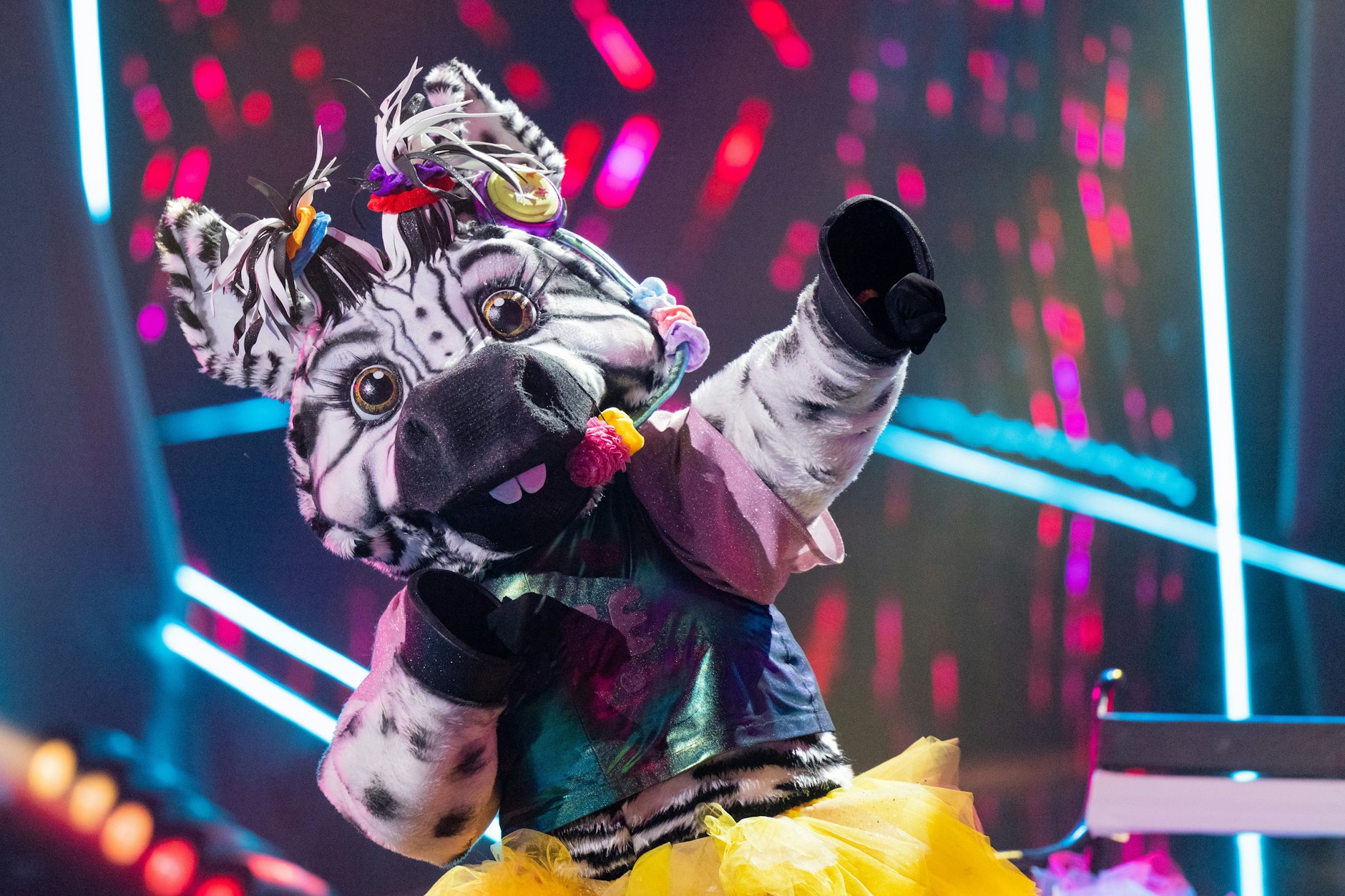 Das Zebra beim Auftritt auf der Bühne von „The Masked Singer“. Welcher Star steckt wohl im Kostüm?