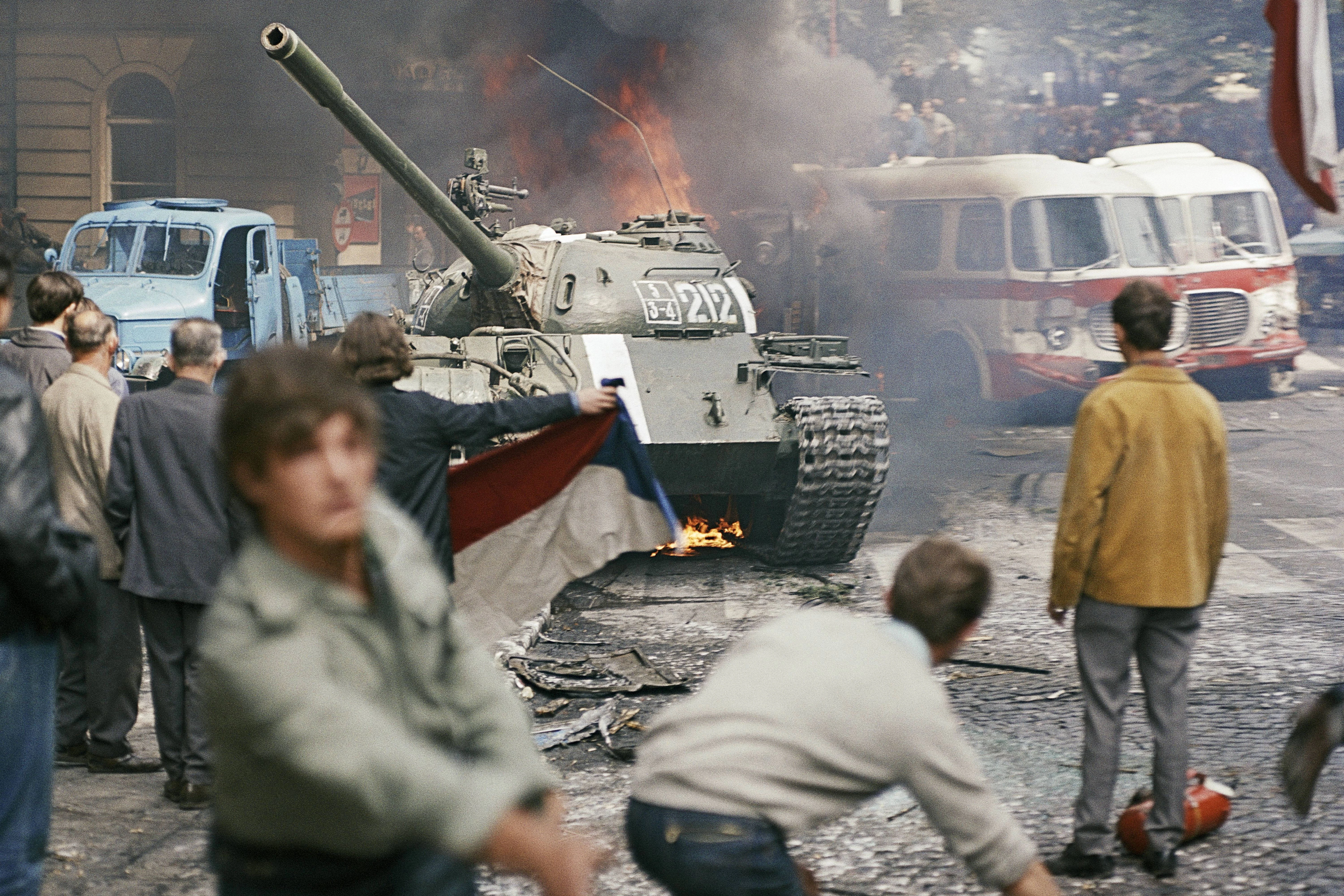 Troops of the Soviet Union and its Warsaw Pact allies invaded Czechoslovakia on August 21, 1968, to halt political liberalization in the country called the Prague Spring. Prague residents face a tank during confrontation between the Soviet troops and protesters near the Czechoslovak Radio headquarters.