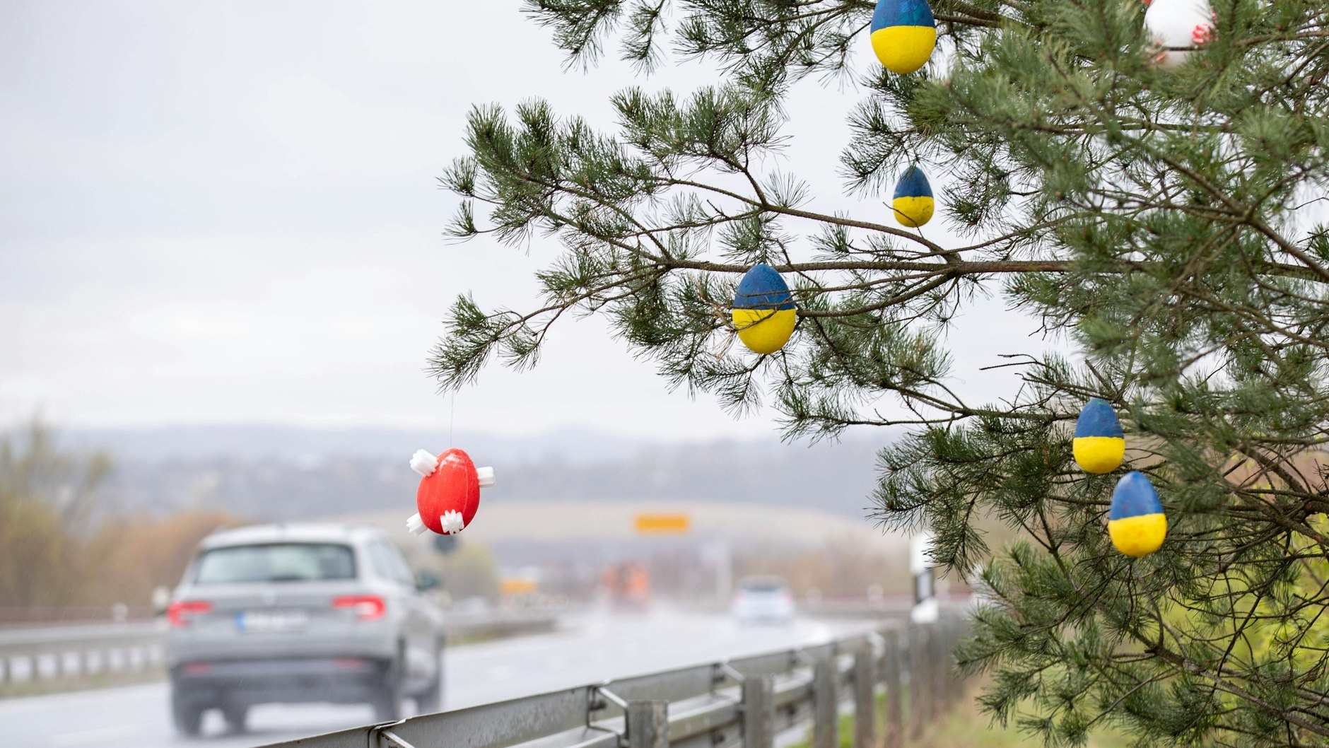 Ostereier in den Farben der ukrainischen Flagge hängen an einem Baum an einer Autobahn in Sachsen.