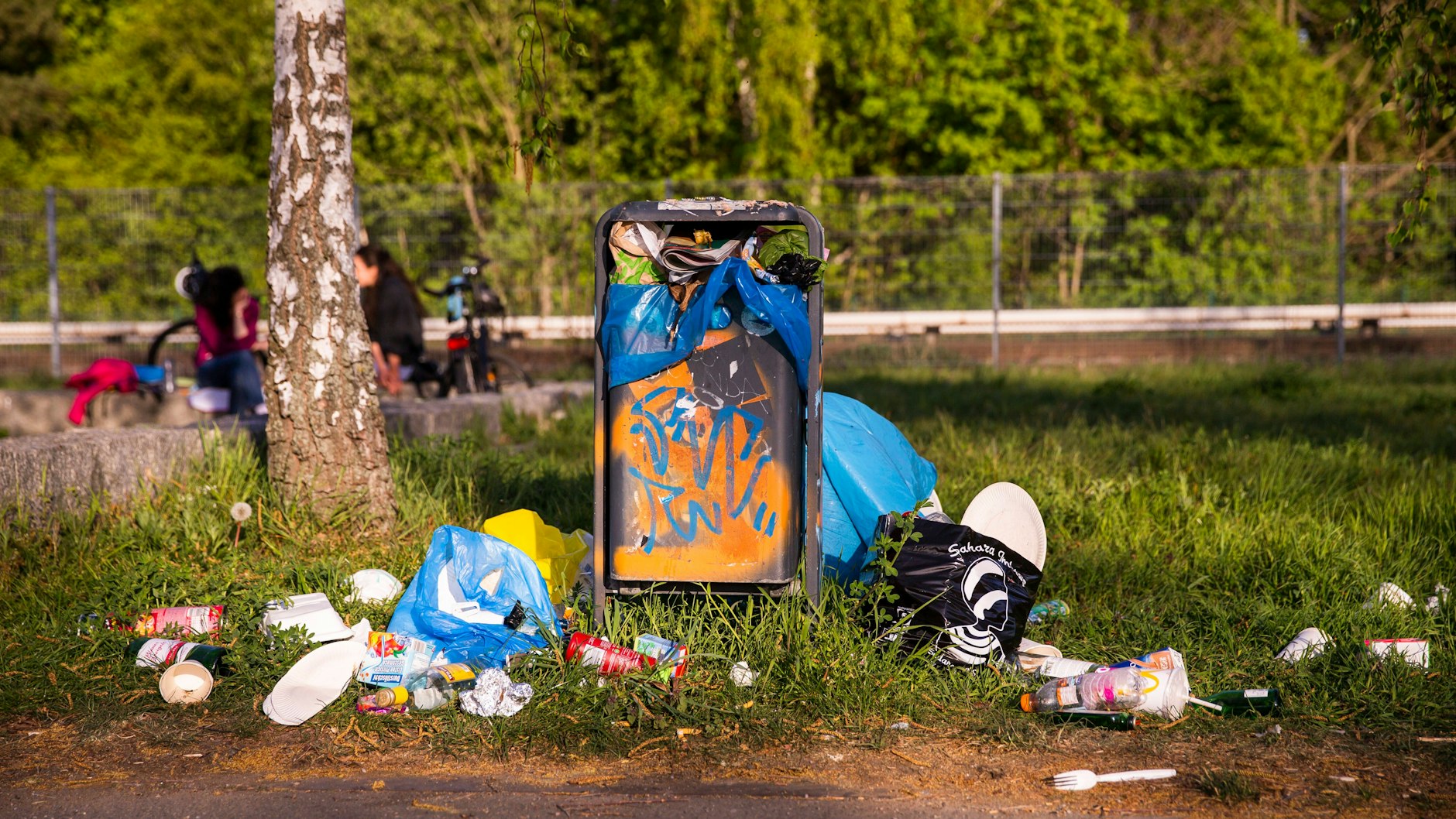 Immerhin in der Nähe eines Abfalleimers: Müll in Parks und Grünanlagen gehört mittlerweile zum Stadtbild.