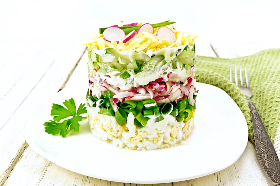 Einen leckeren Schichtsalat kann man prima für das Grillbüfett vorbereiten. Hier kommt das Rezept.