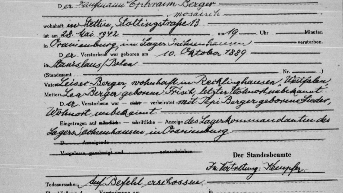 Ein Dokument, das in dieser Form für alle 96 Opfer aus dem Lager Sachsenhausen existiert.&nbsp;Als Todesursache wurde festgehalten: „Auf Befehl erschossen“.&nbsp;Für die 154 am 27. Mai festgenommenen Berliner Juden gibt es solche Sterbenachweise nicht.