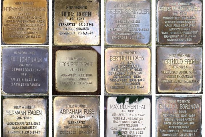 Zwölf Stolpersteine erinnern an zwölf der Menschen, die in der Nacht vom 28. Mai 1942 in Berlin den Nationalsozialisten zum Opfer fielen.