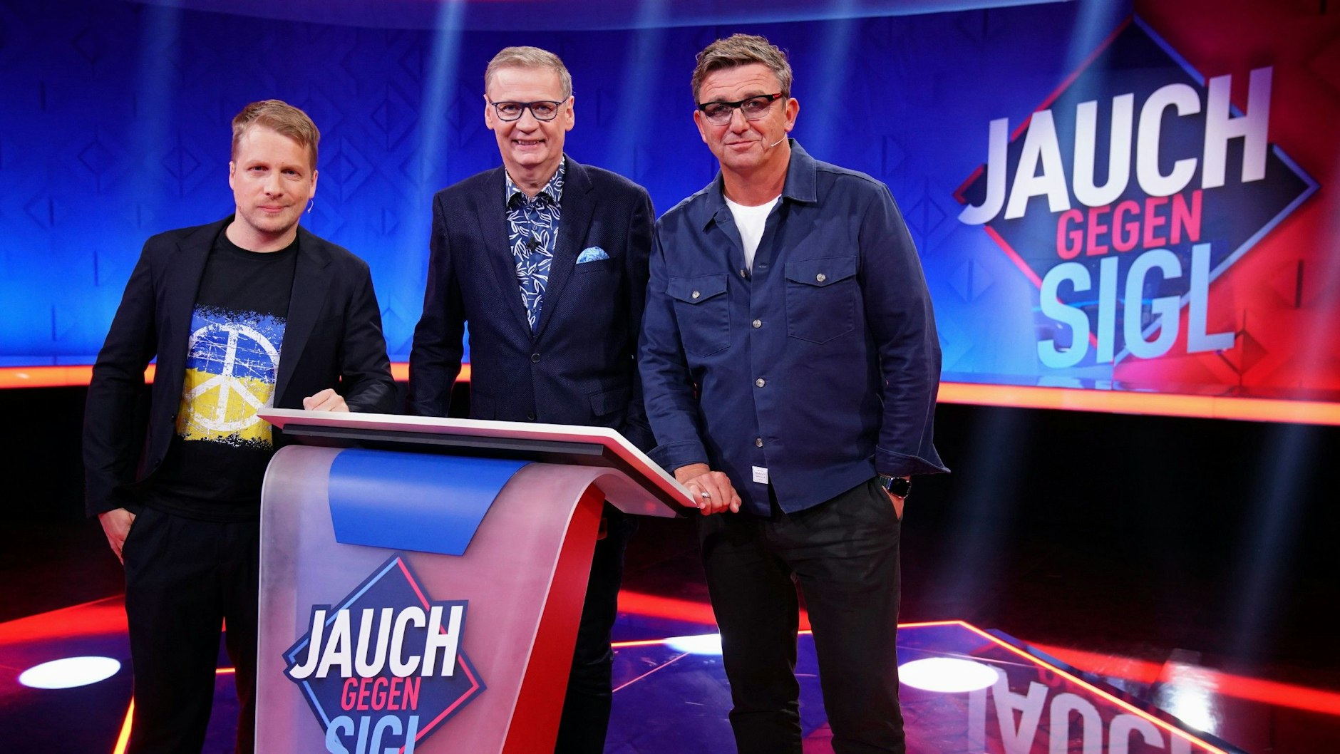 Oliver Pocher,&nbsp;Günther Jauch und Hans Sigl (von links)&nbsp; in der Quizshow „Jauch gegen Sigl - Die Revanche“