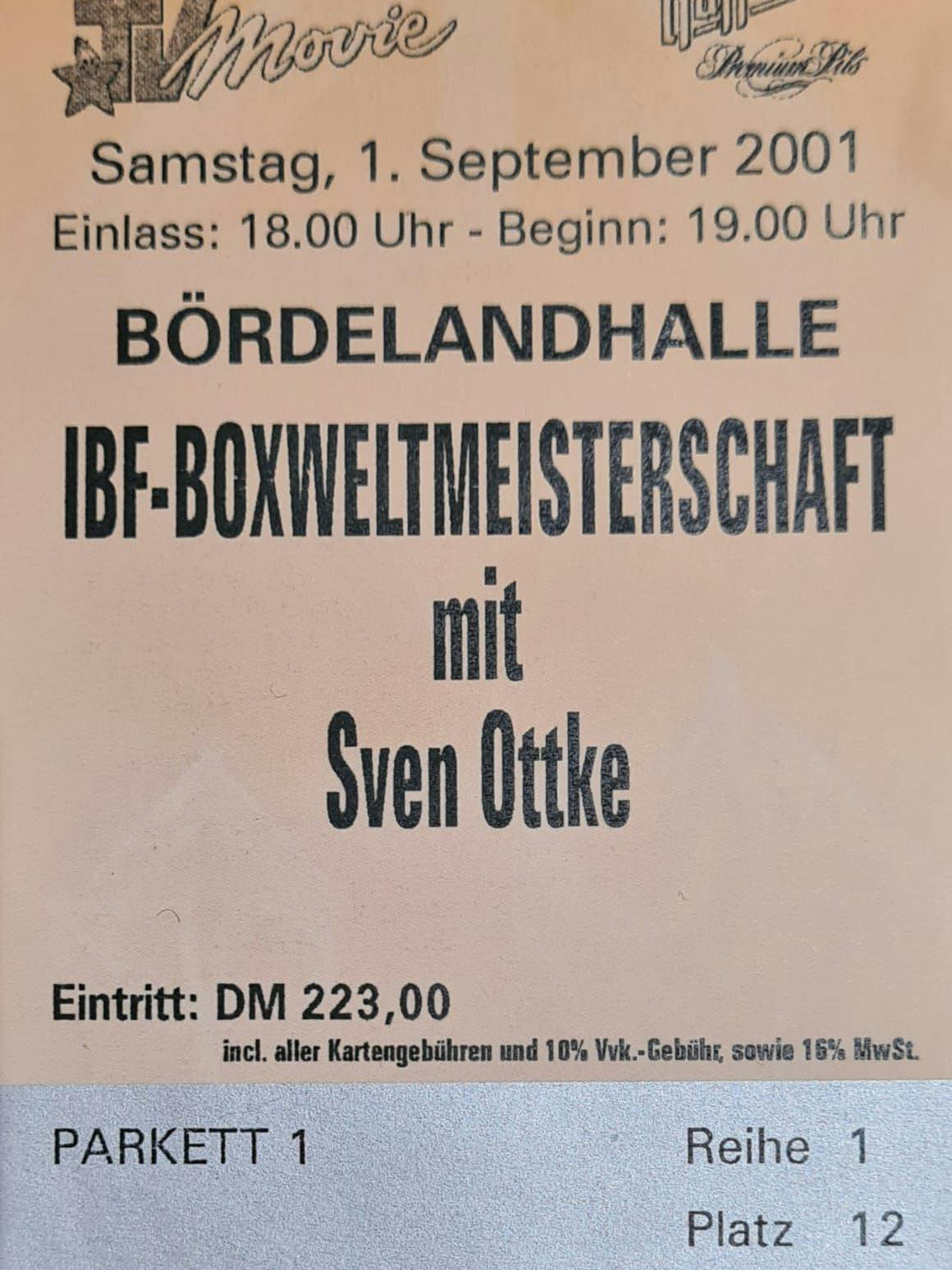 Die Eintrittskarte von Nina Meinke zu Sven Ottkes Kampf 2001