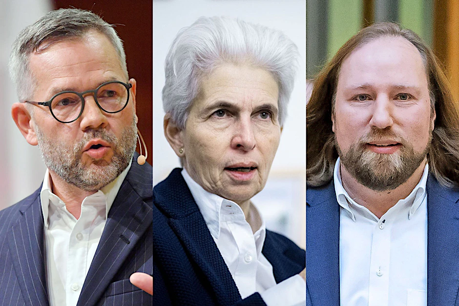 Die Ausschussvorsitzenden Michael Roth (Auswärtiges, SPD, v. l.),&nbsp;Marie-Agnes Strack-Zimmermann (Verteidigung, FDP) und Anton Hofreiter (Europa, Grüne) sind die ersten Bundestagsabgeordneten, die seit Kriegsbeginn in die Ukraine reisten.