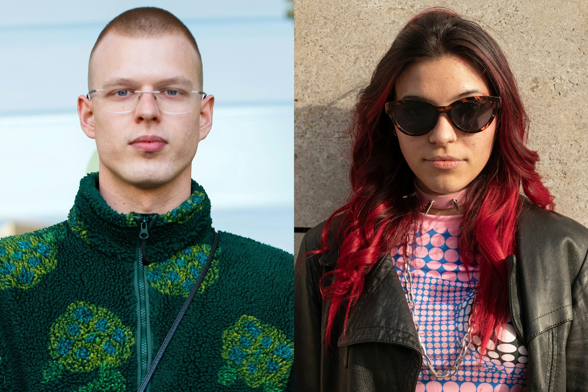 Zwei Looks vom Alexanderplatz: Noé klassisch in Stüssy und mit Gucci-Bag, Mimi im Techno-Style mit Choker-Halsband, bauchfreiem Top und Ledermantel.