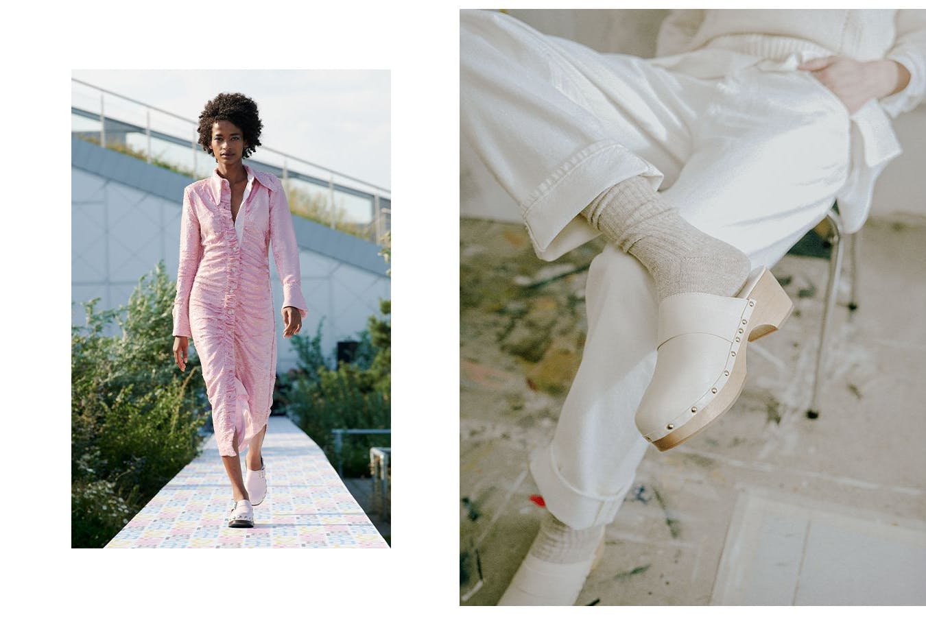 Links: helle Clogs mit seitlicher Schnalle bei Ganni; rechts: von Aeyde gibt es schön schlichte Exemplare.