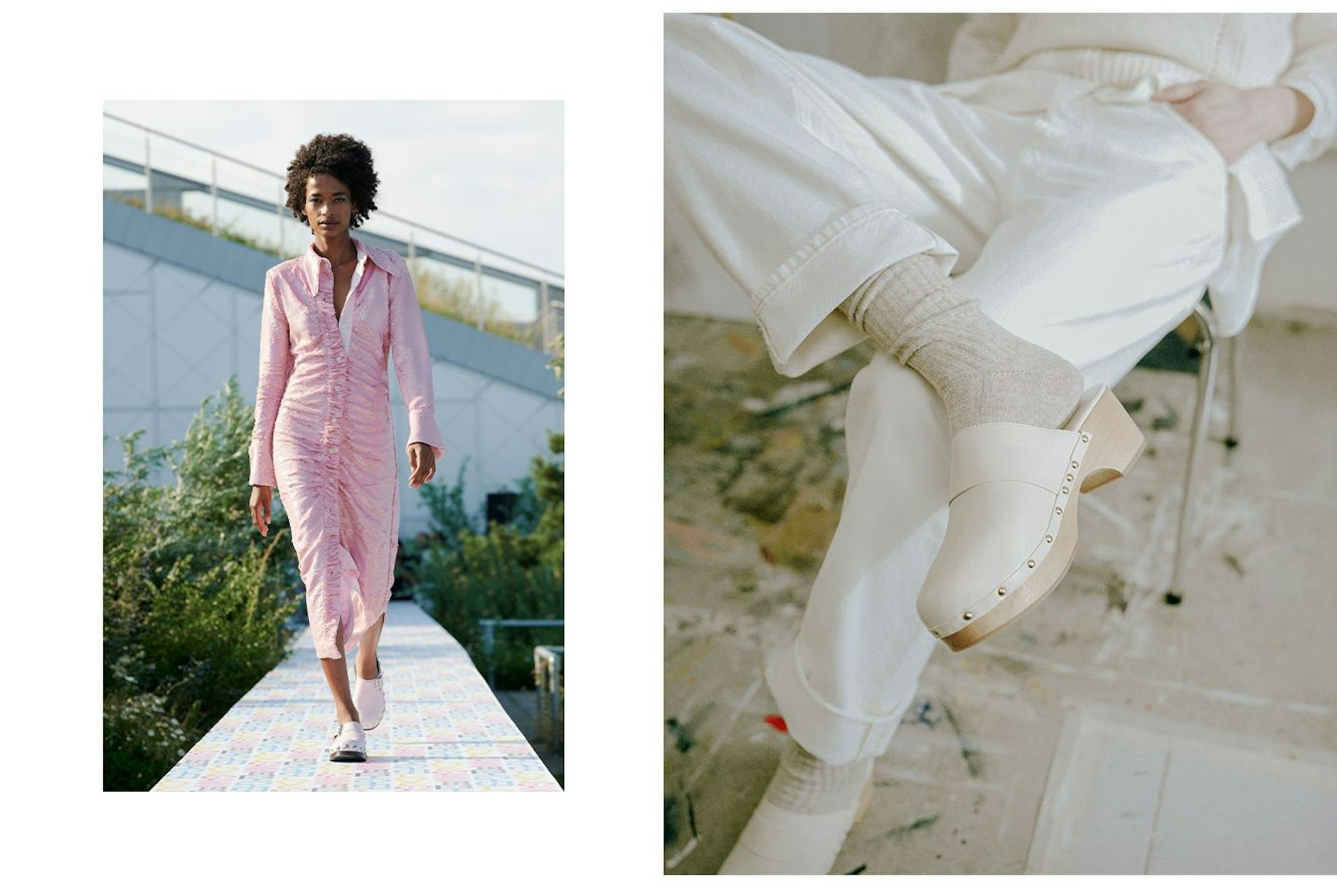 Links: helle Clogs mit seitlicher Schnalle bei Ganni; rechts: von Aeyde gibt es schön schlichte Exemplare.