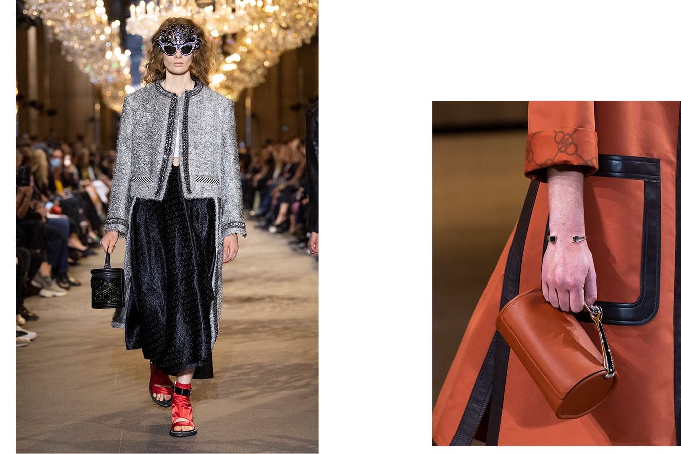 Links: Bucket Bag mit Netzstruktur bei Louis Vuitton; rechts: bei Hermès sind die Haltebügel seitlich angebracht.
