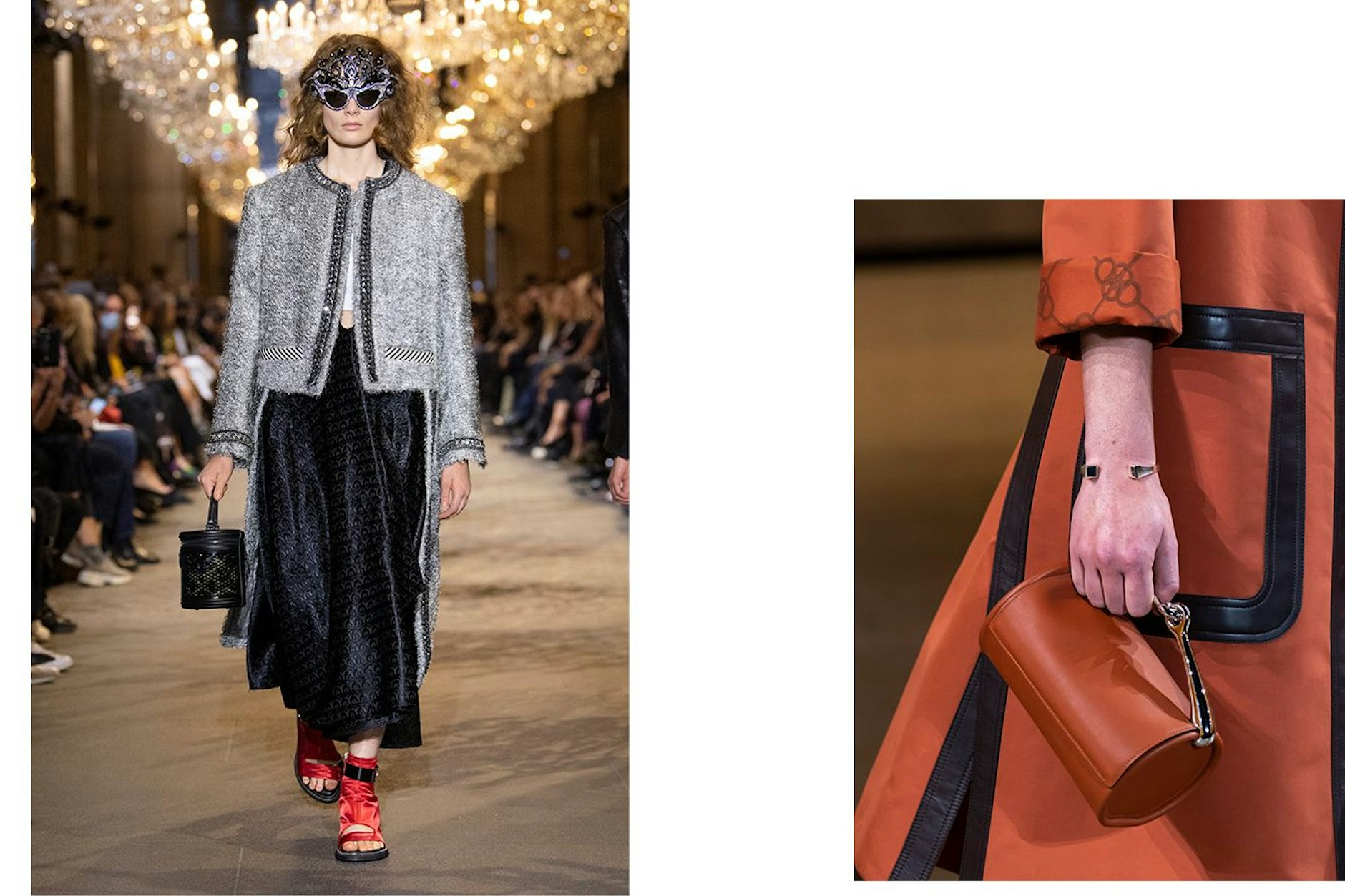 Links: Bucket Bag mit Netzstruktur bei Louis Vuitton; rechts: bei Hermès sind die Haltebügel seitlich angebracht.