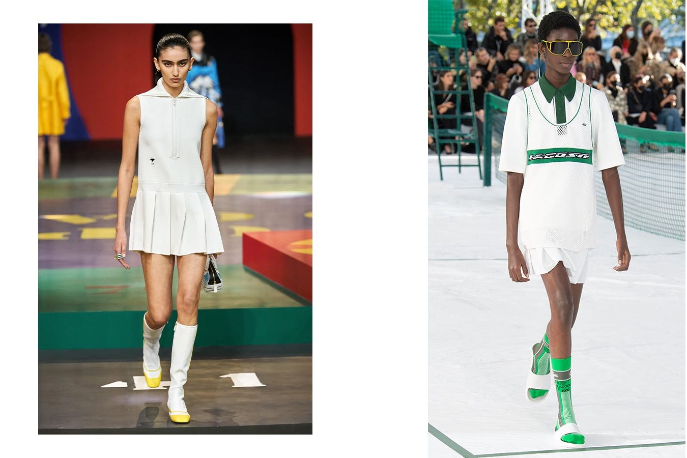 Links: bei Dior brechen die Stiefel mit dem Tennis-Thema; rechts: bei Lacoste ist der Look futuristisch umgesetzt.
