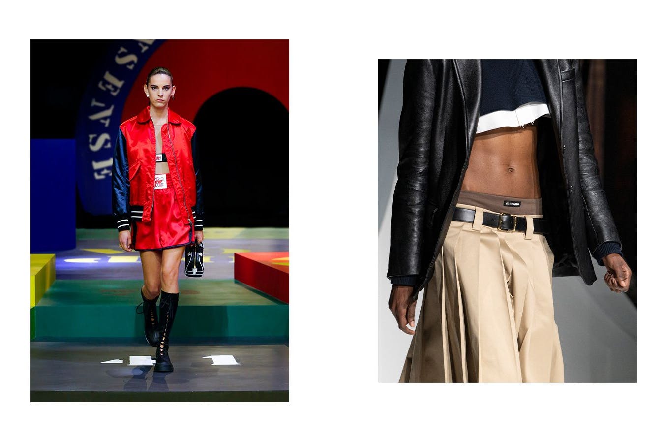 Links: Boxershorts als Solostars bei Christian Dior (links); rechts: unter der tiefsitzenden Hose bei Miu Miu.