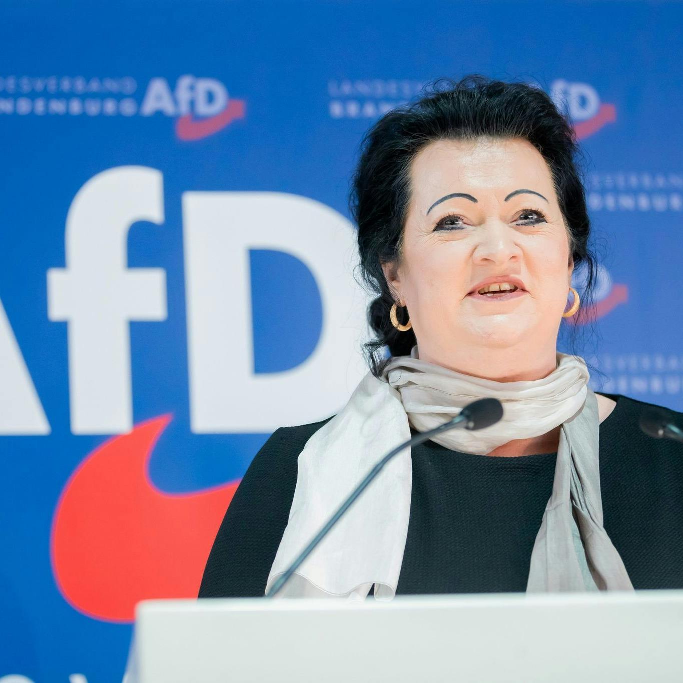 Birgit Bessin ist Landesvorsitzende der Brandenburger AfD. Sie gehörte zum „Flügel“ und trat mit Kalbitz bei umstrittenen Demonstrationen auf.