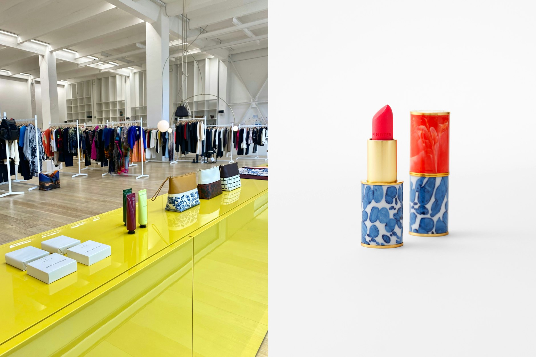 Bei Murkudis thronen die Lippenstifte, Düfte, Kosmetiktaschen und Cremes auf gelben Sockeln.