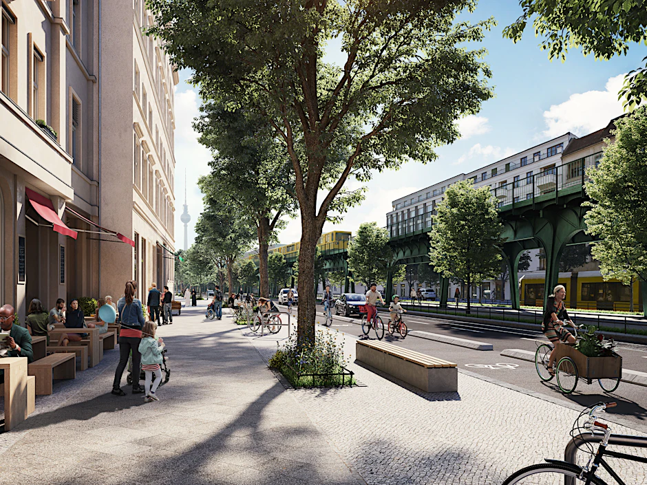 Breite Gehwege, Radfahrstreifen, keine Autostellplätze mehr: Die Visualisierung des landeseigenen Unternehmens zeigt, wie der Mittelteil der Schönhauser Allee künftig aussehen soll.