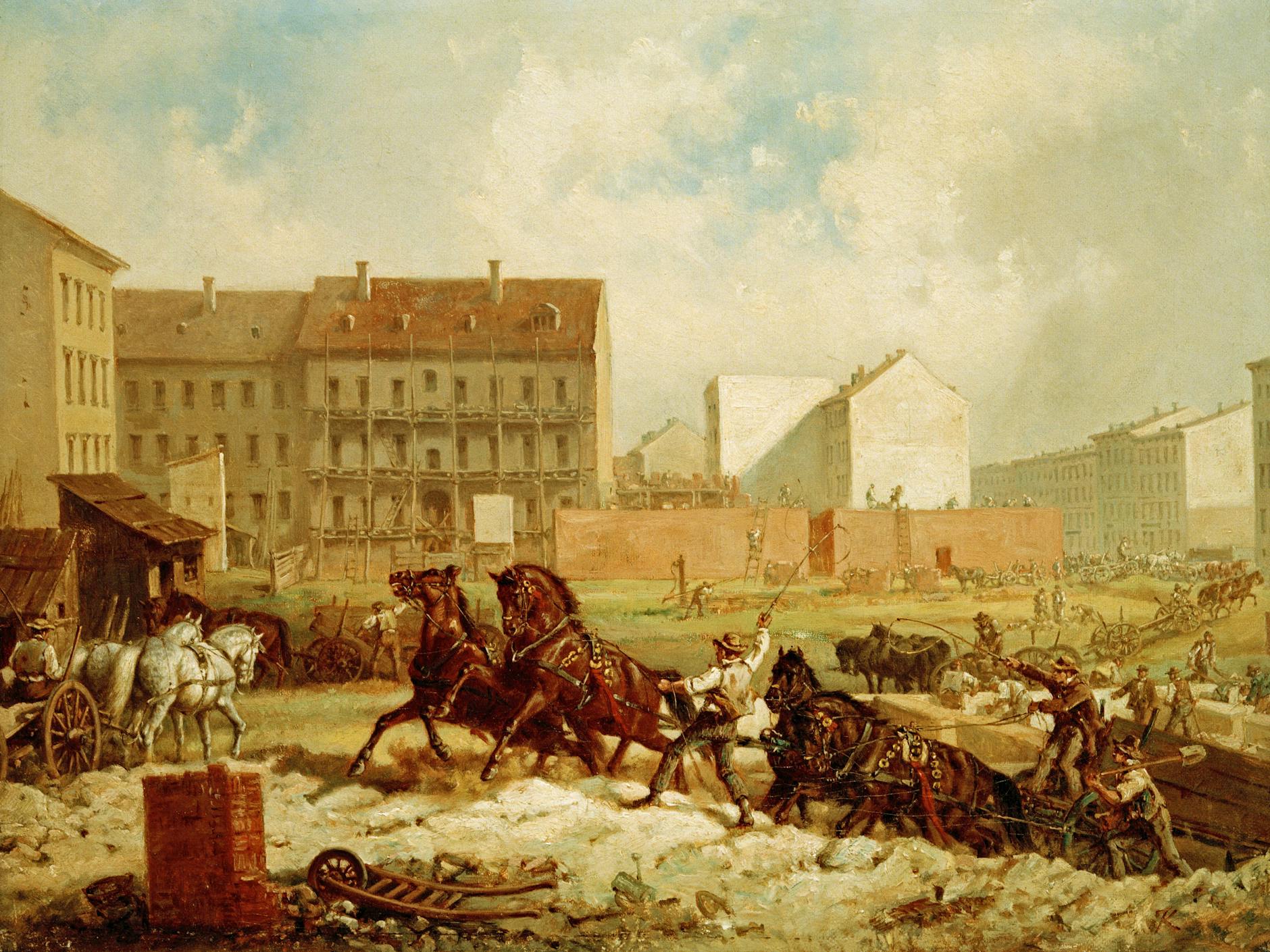 „Tempo der Gründerzeit“ heißt dieses Gemälde von Friedrich Kaiser aus dem Jahr 1875. Es veranschaulicht den eifrigen Wohnungsbau in Berlin in den Jahren nach der Reichsgründung – hier an der Grenadierstraße (heute Almstadtstraße).