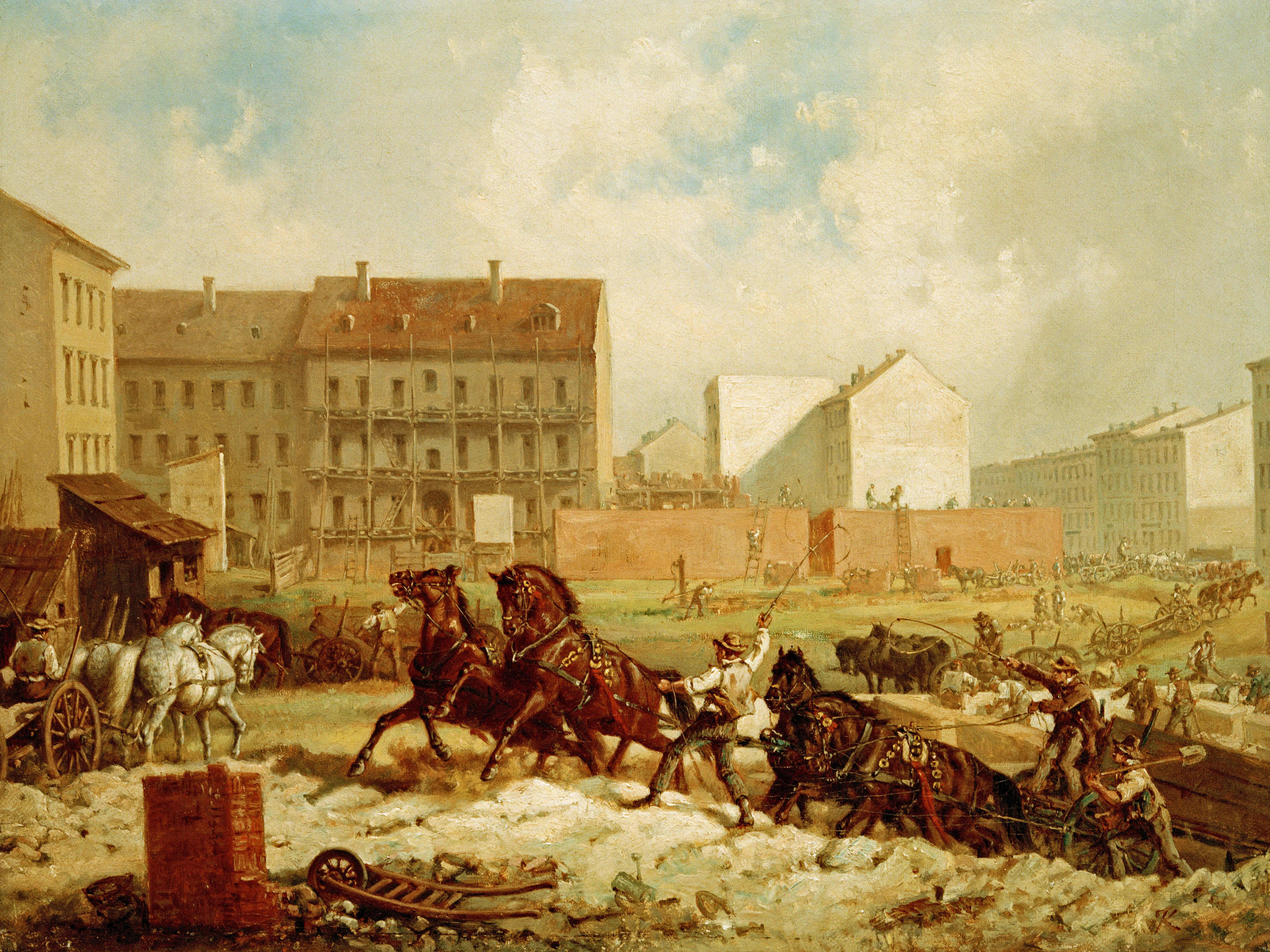 „Tempo der Gründerzeit“ heißt dieses Gemälde von Friedrich Kaiser aus dem Jahr 1875. Es veranschaulicht den eifrigen Wohnungsbau in Berlin in den Jahren nach der Reichsgründung – hier an der Grenadierstraße (heute Almstadtstraße).