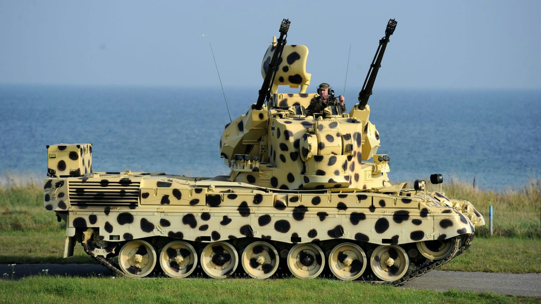 Ein in einer Sonderfarbe lackierter Flugabwehrpanzer vom Typ Gepard auf einem Schießplatz