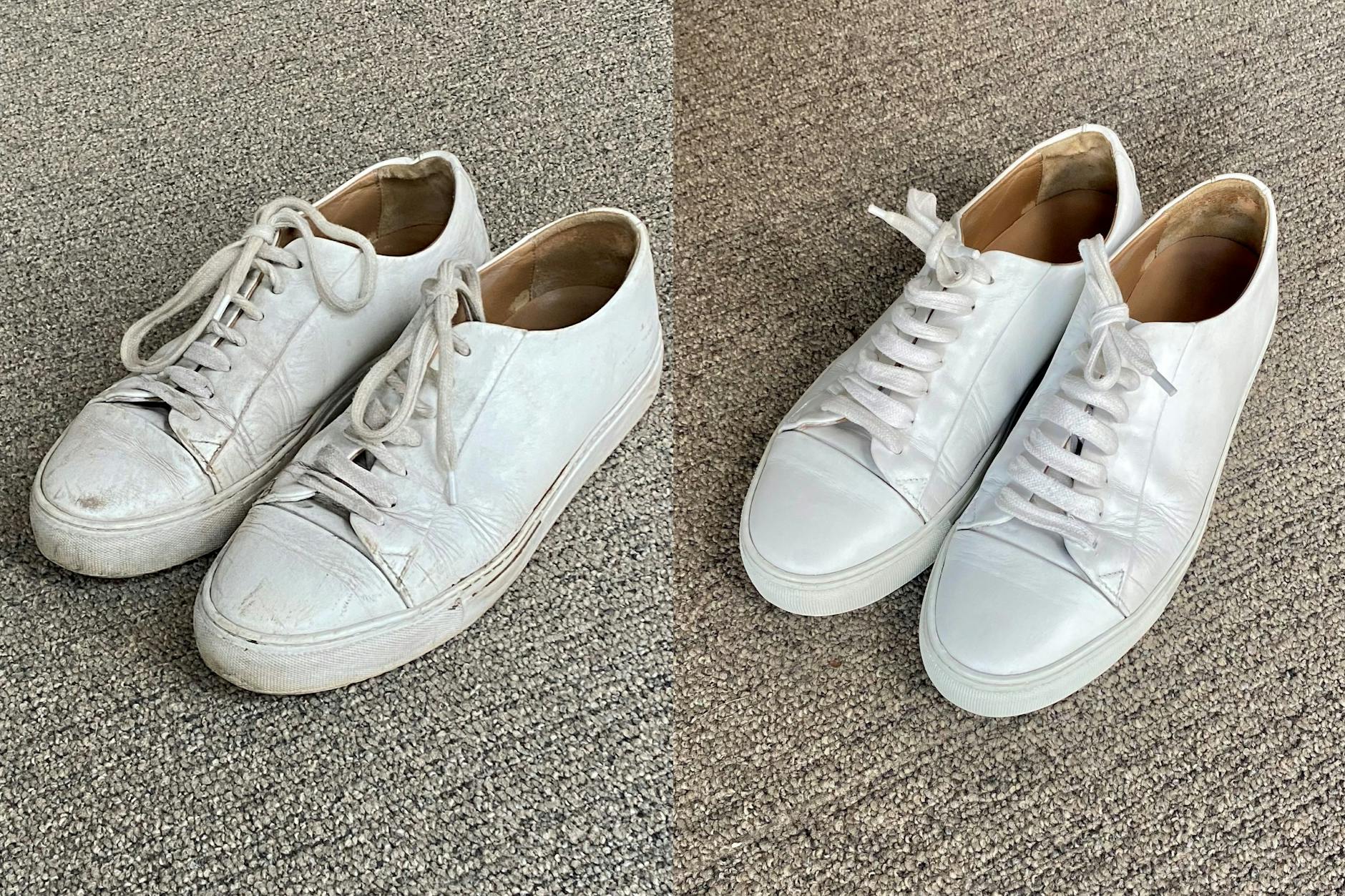 Wieder weiß: Nach der Reinigung strahlen die alten Leder-Sneaker fast wie neu, von innen wie von außen.