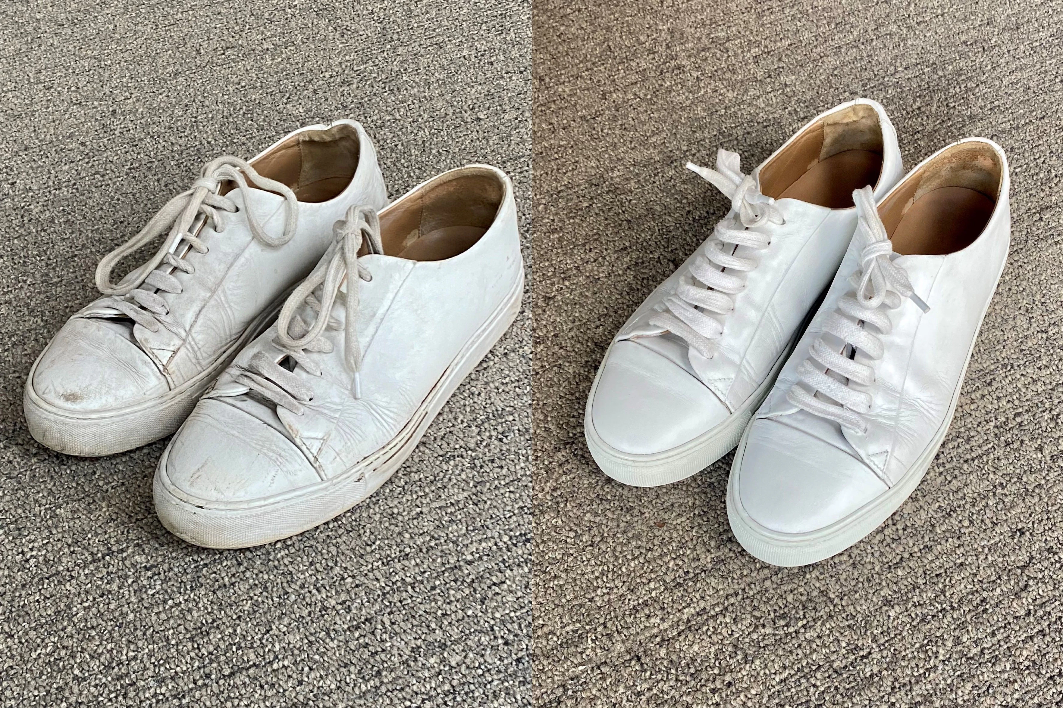 Wieder weiß: Nach der Reinigung strahlen die alten Leder-Sneaker fast wie neu, von innen wie von außen.