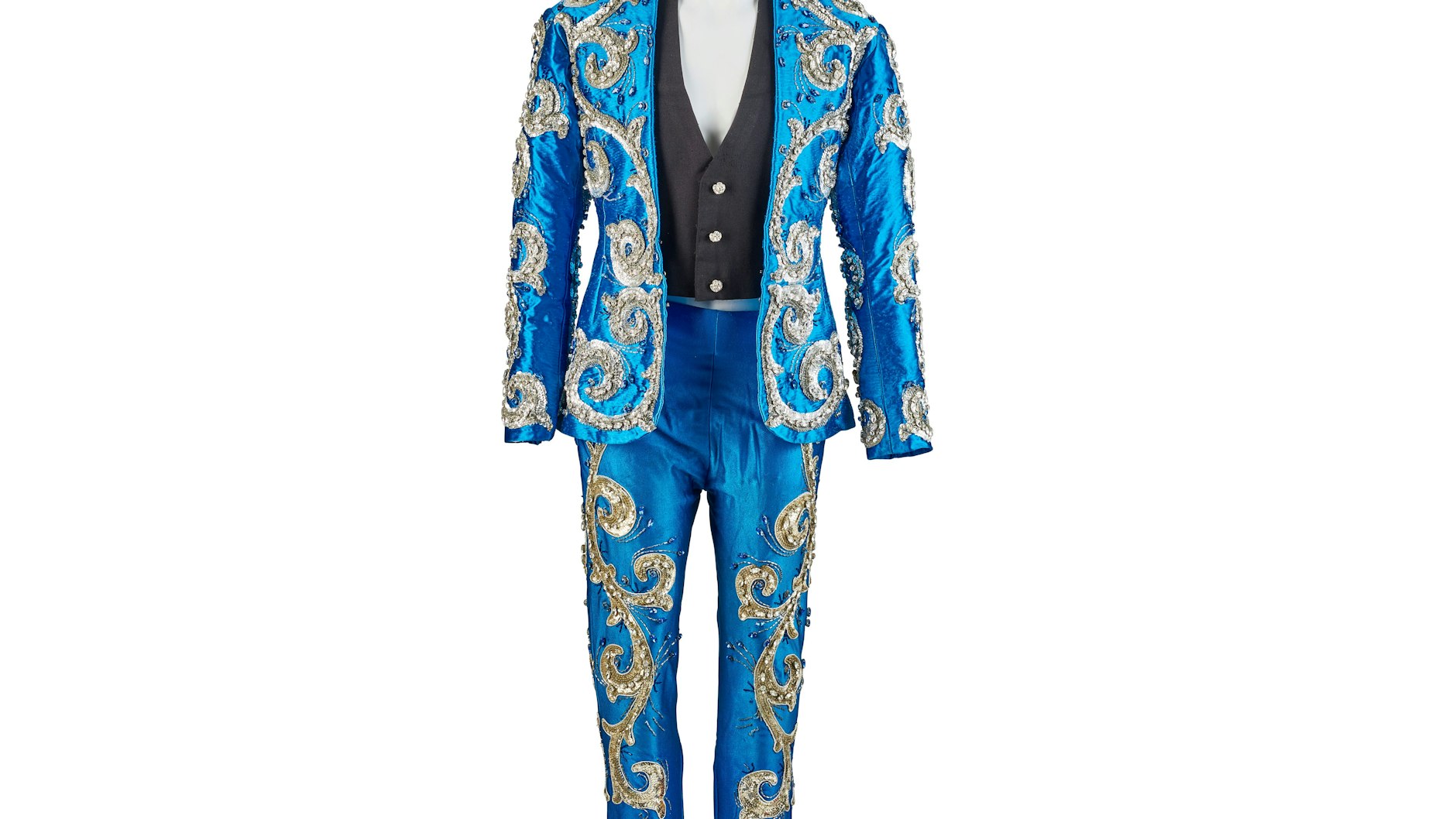 Ein blaues  Satin-Kostüm des verstorbenen Zauber-Duos Siegfried und Roy. Hunderte Erinnerungsstücke aus dem Besitz des Zauber-Duos sollen in Kalifornien versteigert werden.