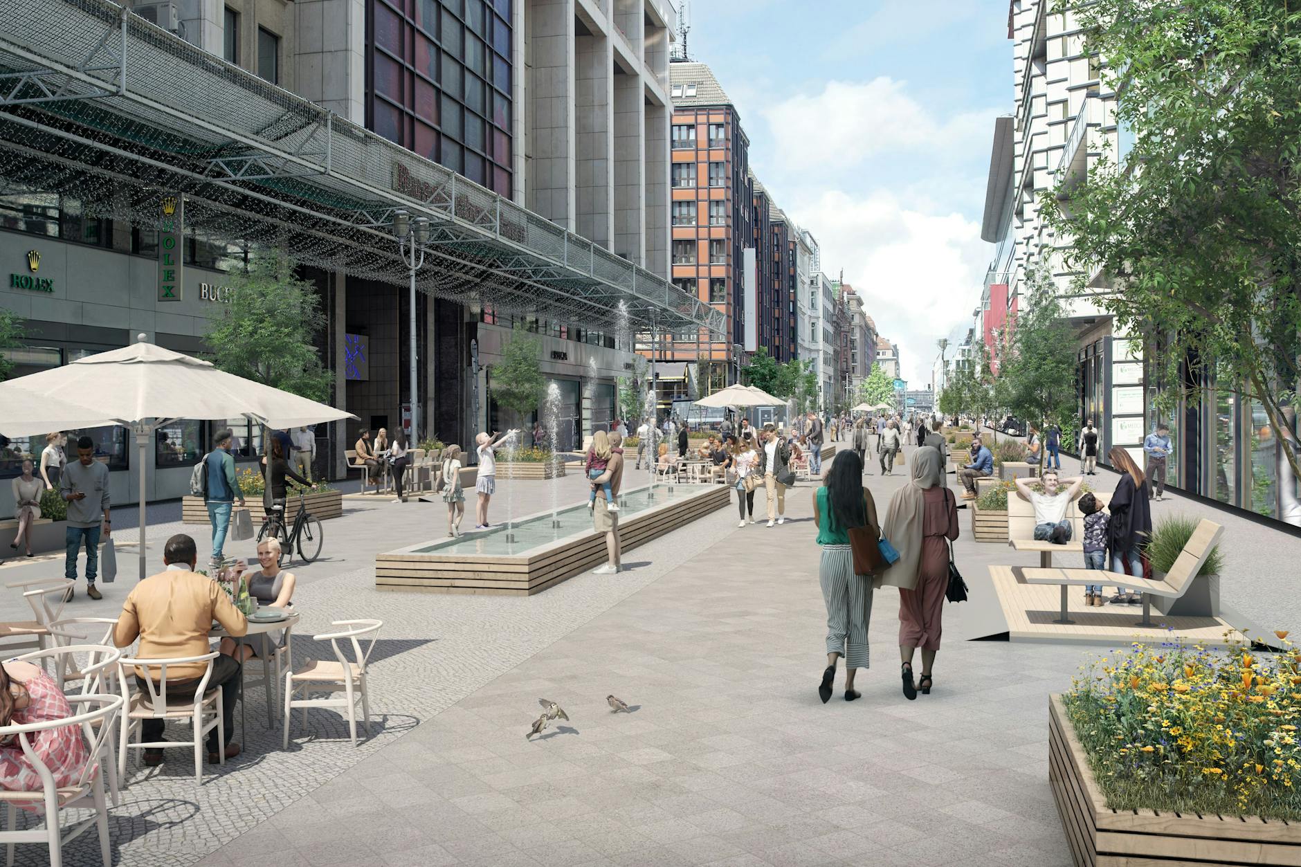 Flanieren, wo einst Autos fuhren: Mit dieser „Ideenskizze“ will die Senatsverwaltung Lust machen auf die Umgestaltung der Friedrichstraße zu einem Fußgängerbereich. Aber ist dies realistisch?