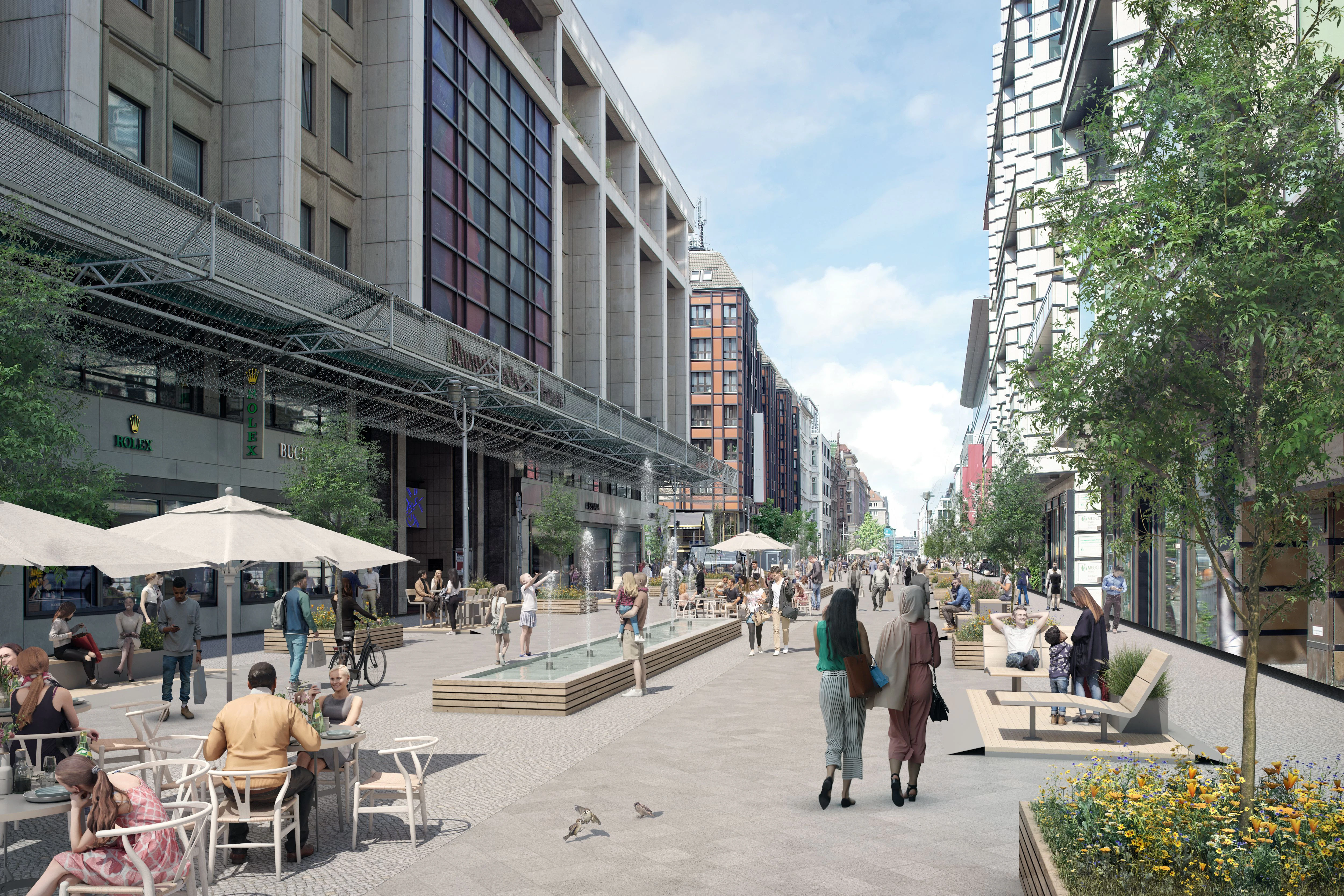 Ist das die Friedrichstraße der Zukunft? Diese erste beispielhafte Ideenskizze gibt einen Eindruck davon, wie sich der Senat den Abschnitt rund um das Warenhaus Galeries Lafayette vorstellt.