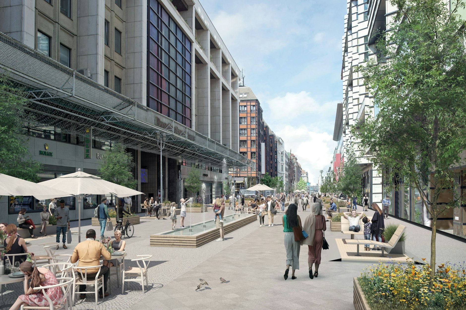 Ist das die Friedrichstraße der Zukunft? Diese im Mai 2022 veröffentlichte erste beispielhafte Ideenskizze gibt einen Eindruck davon, wie sich der Senat den Abschnitt rund um das Warenhaus Galeries Lafayette vorstellt.