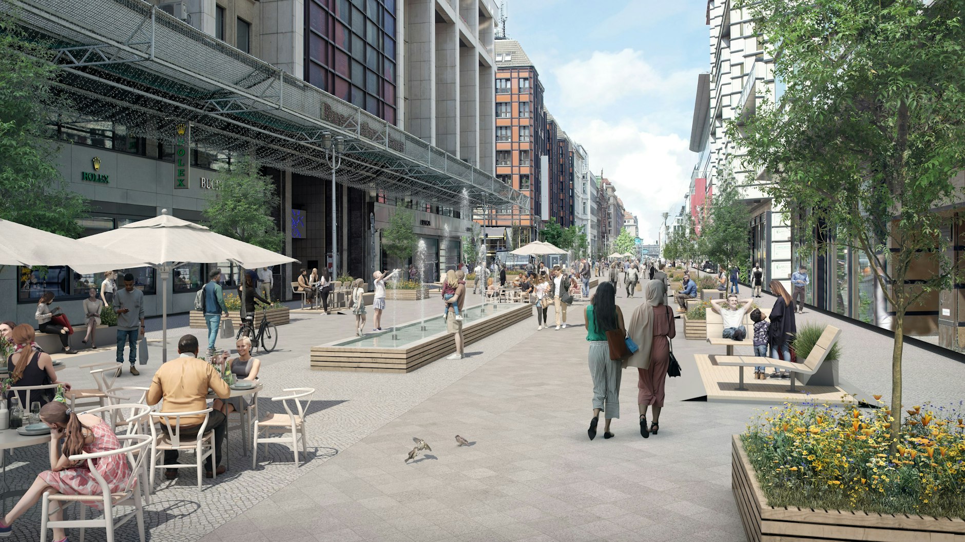 Ist das die Friedrichstraße der Zukunft?&nbsp;Diese erste beispielhafte Ideenskizze gibt einen Eindruck davon, wie sich der Senat den Abschnitt rund um das Warenhaus Galeries Lafayette vorstellt.