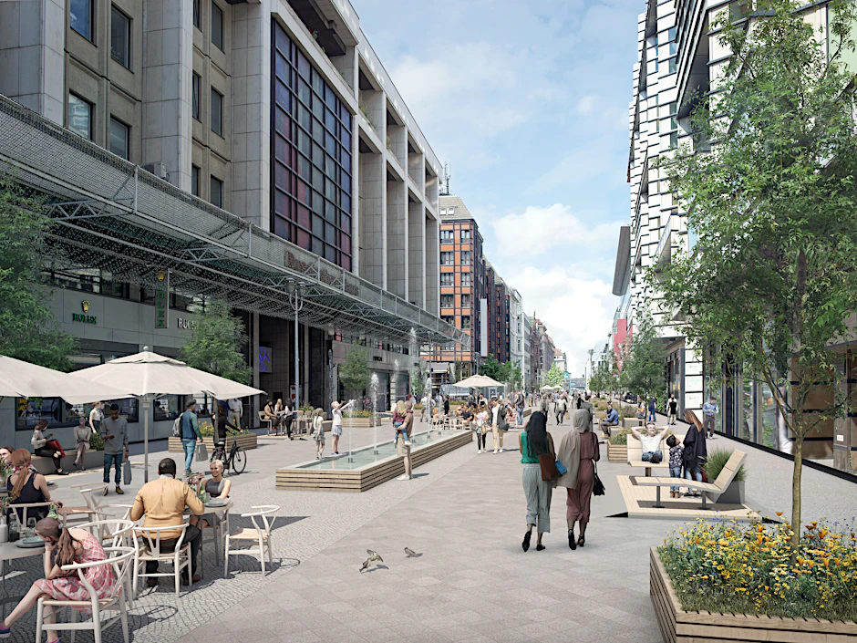 Ist das die Friedrichstraße der Zukunft?&nbsp;Diese erste beispielhafte Ideenskizze gibt einen Eindruck davon, wie sich der Senat den Abschnitt rund um das Warenhaus Galeries Lafayette vorstellt.