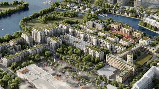 Blick von oben: So soll das neue Quartier am Havelufer aussehen, wenn es fertig ist. Einige Wohnungen entstehen direkt am Wasser.