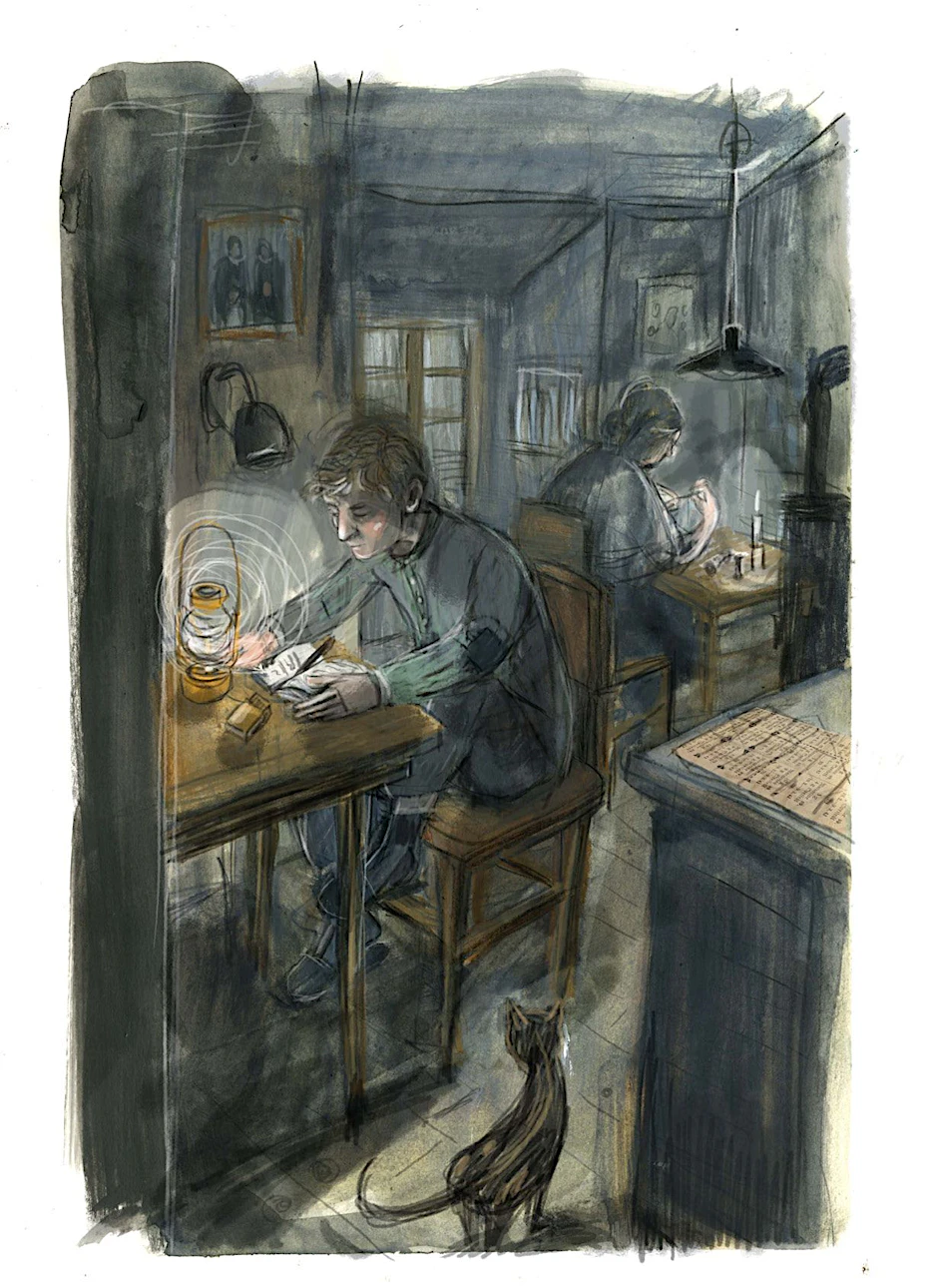 Jan Bazuin schreibt in sein Tagebuch. Illustration von Barbara Yelin.