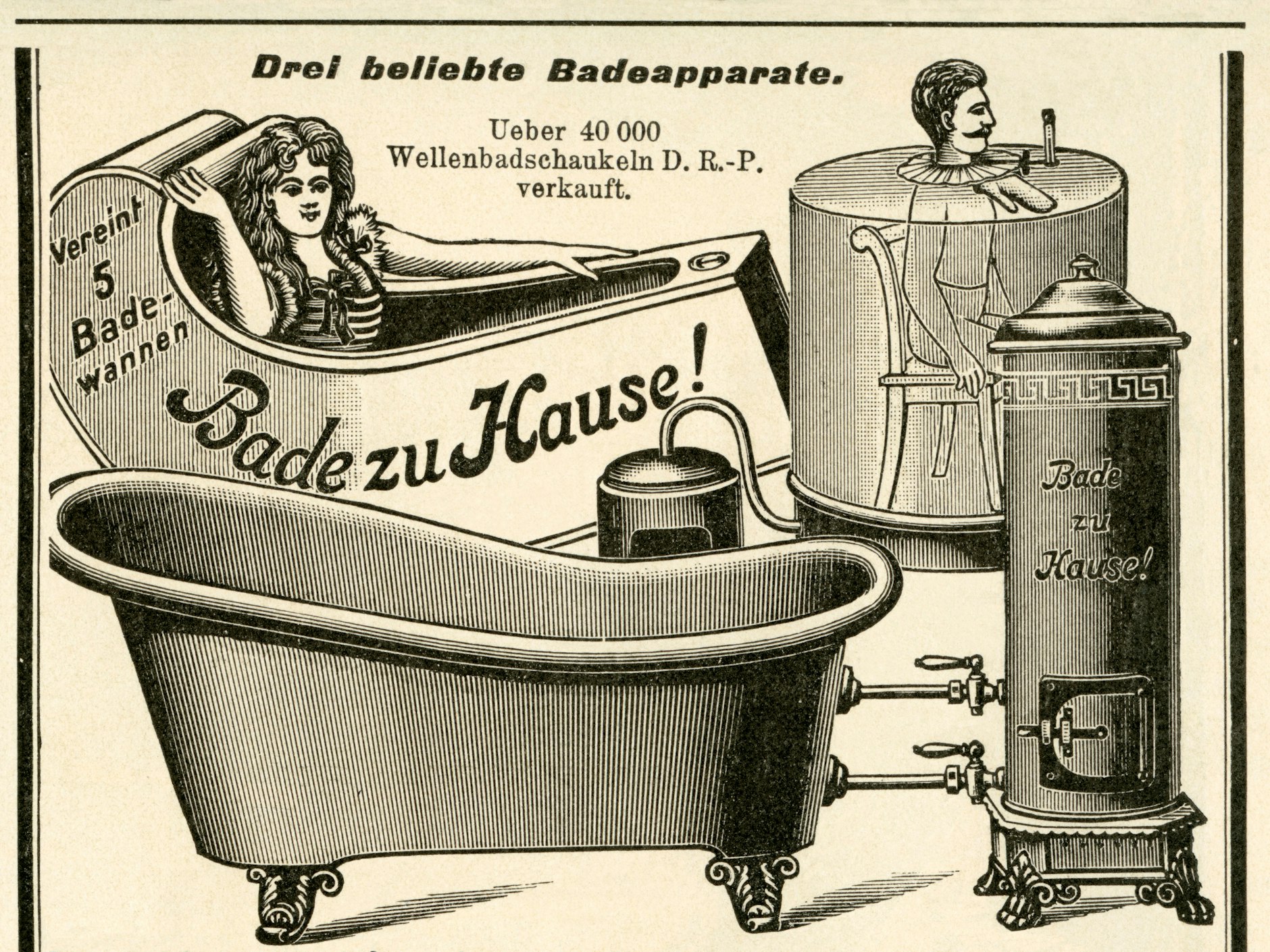 Heut nehm ich ein Bad! Mit diesen „Badeapparaten“ im eigenen Haushalt warb die Firma Moosdorf &amp; Hochhäusler in der Illustrirten Zeitung 1899. In Berlin hatte sie zwei Filialen.