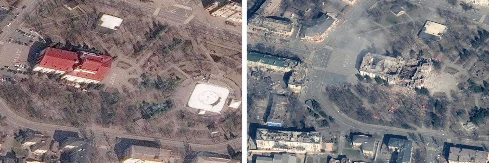 Satellitenaufnahmen zeigen das Theater vor und nach dem Angriff. Auf das Pflaster vor und hinter dem Gebäude war riesengroß „Kinder“ geschrieben worden, das hielt Russland nicht ab.