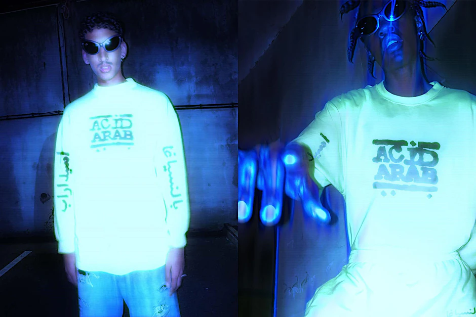 This is what the latest Balenciaga drop looks like: Unisex shirts in neon green, with the words Acid Arab written on them in Latin and Arabic letters. The campaign was photographed by Éamonn Freel.