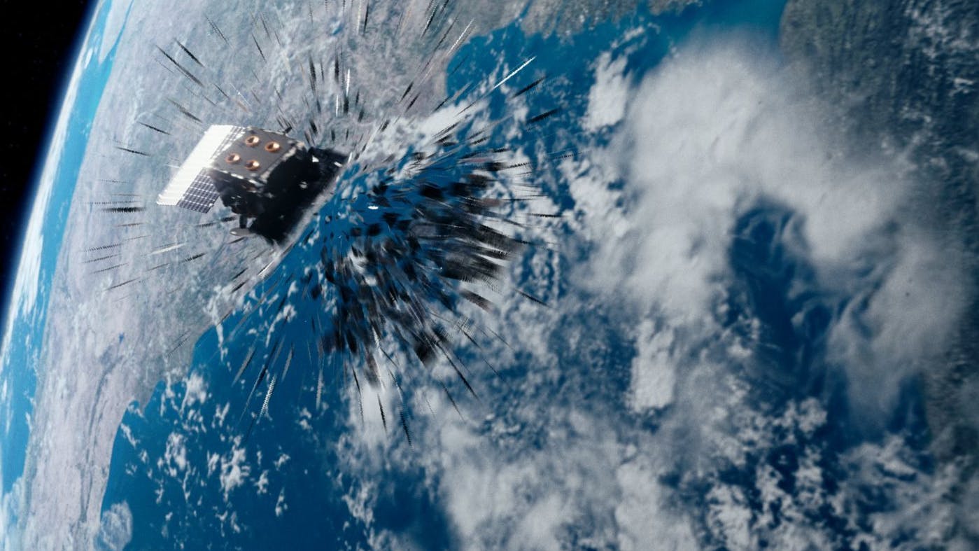 Diese von der ESA zur Verfügung gestellte Illustration aus dem Film „Time to Act“ zeigt den Moment, in dem ein Satellit mit Weltraumschrott kollidiert.